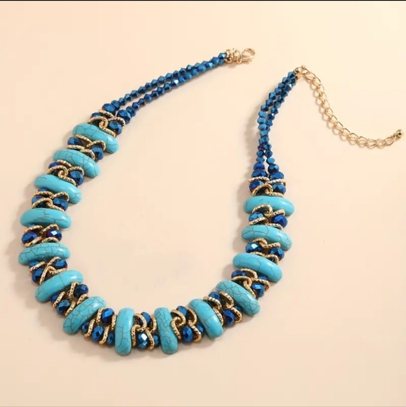 Boho Style Two Rows Crescent High - Quality Turquoise Crystal Necklace. - Picture 6 of 10